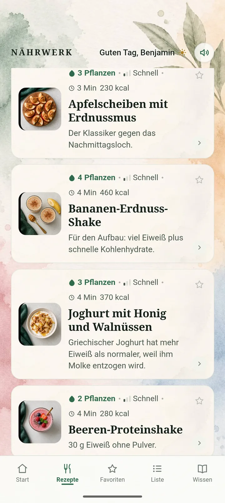 Rezeptliste mit Aufwand, Zeit und Kalorien je Rezept